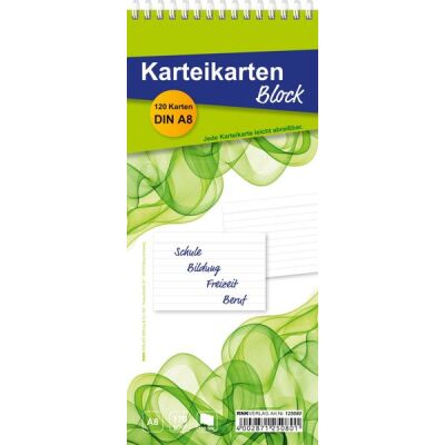 Karteikartenblock A8, weiß, liniert, 170g, Doppelspieralbindung,