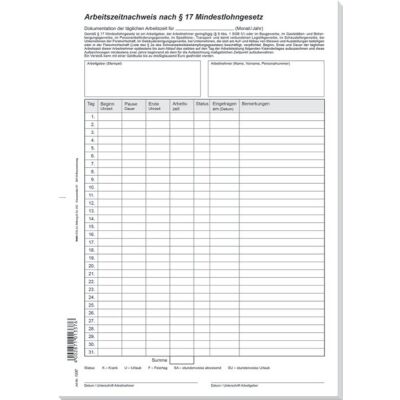 Arbeitszeitnachweis nach Mindest- lohngesetz, DIN A4, 24 Blatt/Block