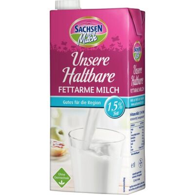 Sachsenmilch H-fettarme Milch 1,5 % Fett, 1 Liter, ultrahocherhitzt, homogenisiert, Schraubverschluss; VE = 1 Karton = 12 Stück
