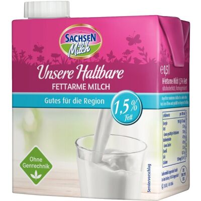 Sachsen H-Milch, fettarm 1,5 %, 0,5 Liter, mit Schraubverschluss