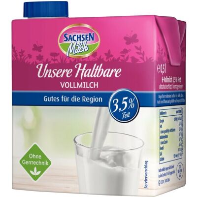 Sachsenmilch H-Vollmilch, 3,5 %, 0,5 Liter, ultrahocherhitzt, mit Schraubverschluss
