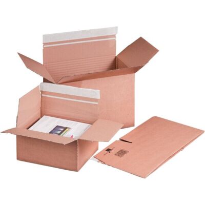 Fixkarton braun, m.Automatikboden, haftklebend, Aufreißfaden, Innenmaß: 310x230x160 mm. VE = 1 Pack = 10 Stück.