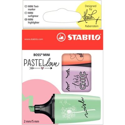 Textmarker Stabilo BOSS MINI, 2 - 5 mm, 3er Etui, Pastell sortiert, 1 Etui à 3 Stifte, Farben: pfirsich, lila, minzgrün