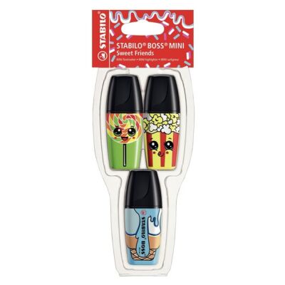 Textmarker STABILO® BOSS® MINI Sweet Friends Edition, 3-er Etui, grün, gelb, blau, 2 - 5 mm, 1 Etui = 3 Stifte, mit Anti-Dry-Out Technology