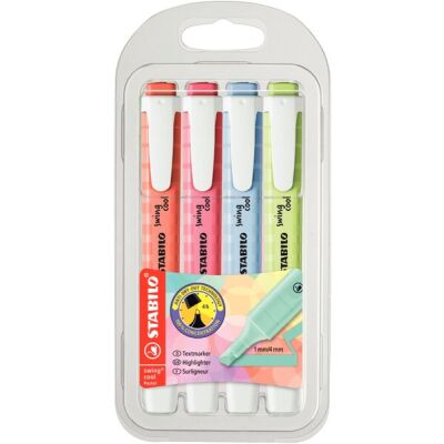 Textmarker STABILO swing cool, pastell, 4-er Etui, sortiert in den Farben: Prise Limette, Kirschblütenrosa, Wolkenblau, Korallrot