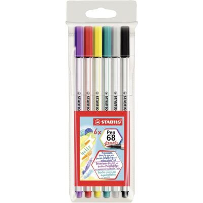 Fasermaler Pen 68 brush 6er Kunststoffetui, Strichstärke: variabel. Farben: lila, karmin, gelb, türkisblau, mittelgrau, schwarz.
