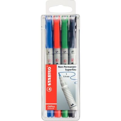 Folienstift STABILO OHPen, Strichstärke 0,4 mm, wasserlöslich, 4-er Etui, sortiert