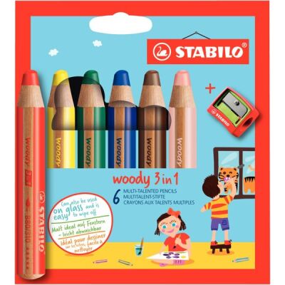 Stabilo woody 3 in 1, im 6er Etui, Multitalent-Stift Buntstift, Wassermalfarbe und Wachsmalkreide in einem