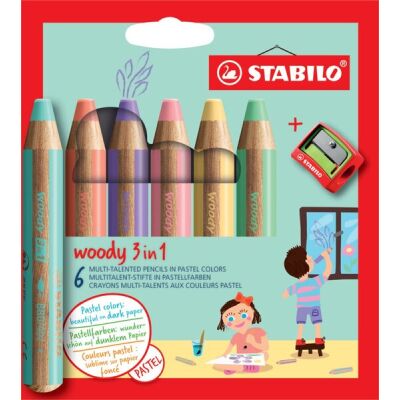 Stabilo woody 3 in 1, Pastellfarben im 6er Etui, Multitalent-Stift Buntstift, Wassermalfarbe und Wachsmalkreide in einem