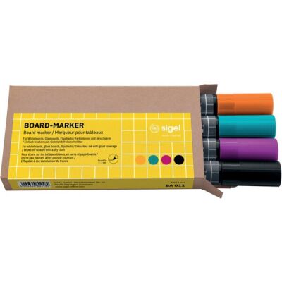 Board-Marker, 2-3 mm, Rundspitze, abwischbar, schwarz, türkis, magenta, orange, Etui mit 4 Stiften