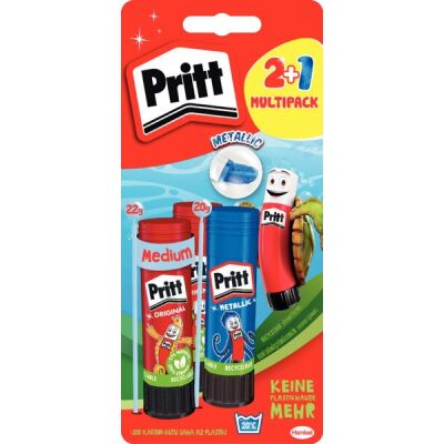 Pritt Klebestift 2 + 1, Sonderedition, sortiert, 2 x 22 g, 1 x 20 g, Lösemittel und PVC frei, auswaschbar, Farbe nicht wählbar