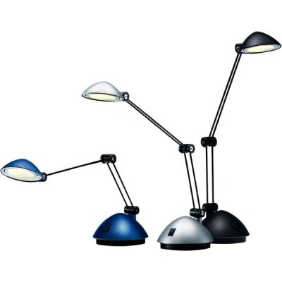 Arbeitsplatzleuchte LED Space, silber satiniert, Energieklasse E, leicht verstellbar an Armen und Kopf, angenehmes Leselicht, warmweiß, Oberfläche seidenmatt,  3.000 Kelvin, 300 Lumen, 30.000 Stunden Brenndauer