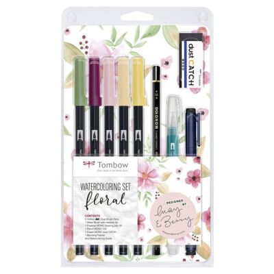 Watercoloring Set, Floral, 5 farbige Brush Pens, 1 Wassertankpinsel, 1 Fineliner, 1 Bleistift + Radierer, 1 Blending Palette