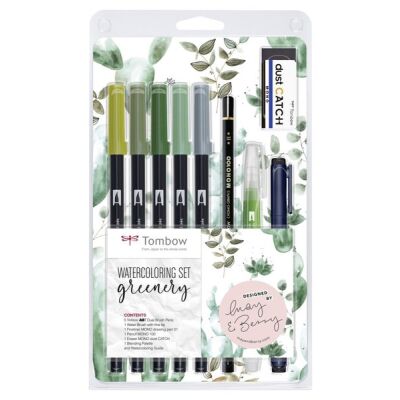 Watercoloring Set, Greenery, 5 farbige Brush Pens, 1 Wassertankpinsel, 1 Fineliner, 1 Bleistift + Radierer, 1 Blending Palette