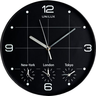 Quarz-Wanduhr "On Time", schwarz, Ø 30,5 cm, 4 verschiedene Zeitzonen