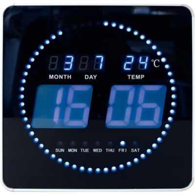 LED-Uhr FLO, schwarz, 28x28cm, Zeitanzeige über LED-Ziffern, lautlos, Sekunden werden als umlaufende Punkte dargestellt, Datum, Wochentag, Raumtemperatur-Anzeige, Stromversorgung über Kabel