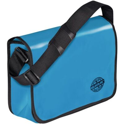 Umhängetasche, blau, aus LKW-Plane, Schultergurt, Überschlag mit Klettverschluss