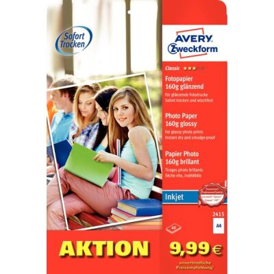 Inkjet Fotopapier, DIN A4, einseitig beschichtet, glänzend, 160 g/m², 1 Packung = 40 Blatt