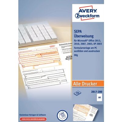 SEPA-Überweisung, DIN A4, für PC, alle Drucker, Mikroperforation, Rechtssicherheit, 1 Packung = 200 Blatt