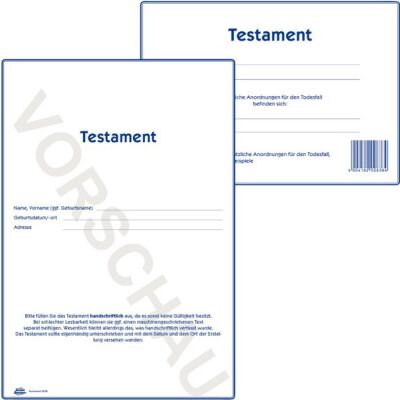 Testament, DIN A4, Vordruckset zur Erstellung eines Testament, ohne Durchschlag, nicht perforiert, Rechtsicherheit