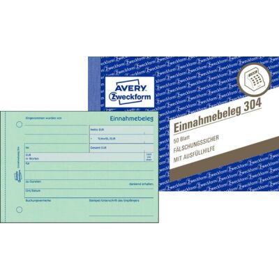 Einnahmebeleg, grün, DIN A6 quer, ohne Durchschlag, allseitig gelocht, fälschungssicherer Dokumentendruck, 50 Blatt