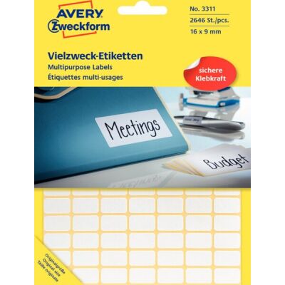 Vielzweck-Etiketten, 16 x 9 mm, weiß,  permanent, 1 Packung = 27 Blatt = 2.646 Etiketten