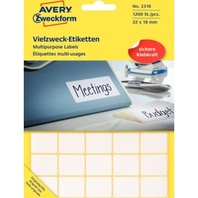 Vielzweck-Etikett, permanent, handbeschriftbar, 22 x 18 mm, weiß, 1 Packung = 30 Blatt = 1.200 Stück