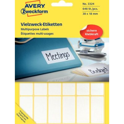 Vielzweck-Etikett, permanent, handbeschriftbar, 38 x 18 mm, weiß, 1  Packung = 27 Blatt = 648 Stück