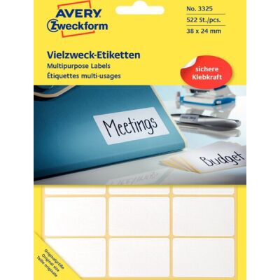 Vielzweck-Etikett, permanent, handbeschriftbar, 38 x 24 mm, weiß, 1 Packung = 29 Blatt = 522 Etiketten