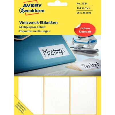 Vielzweck-Etikett, handbeschriftbar, permanent, 66 x 38 mm, weiß, 174 Stück, 1Packung = 29 Blatt = 174 Stück