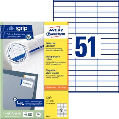 Universal-Etiketten, Inkjet, Laser s/w, Farblaser, permanent, 70 x 16,9 mm, weiß, 1 Pack = 100 Bogen = 5.100 Stück