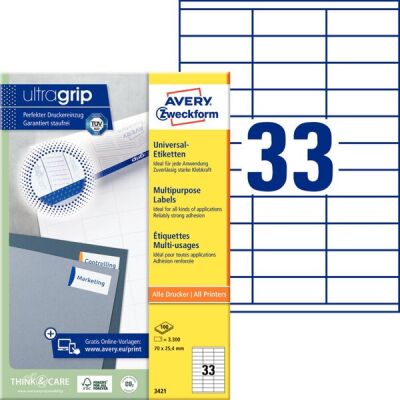 Universal-Etiketten,  Inkjet, Laser s/w, Farblaser, permanent, 70 x 25,4 mm, 1 Packung = 100 Blatt = 3.300 Stück