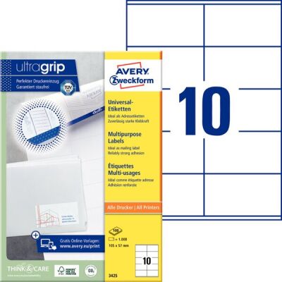 Universal-Etiketten, bedruckbar, permanent, 105 x 57 mm, weiß, Rand an Kopf + Fuß, 1 Packung = 100 Blatt = 1000 Stück
