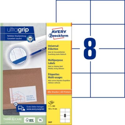 Universal-Etiketten, Inkjet, Laser s/w, Farblaser, permanent, 105 x 74 mm, weiß, 1 Packung = 100 Blatt = 800 Stück