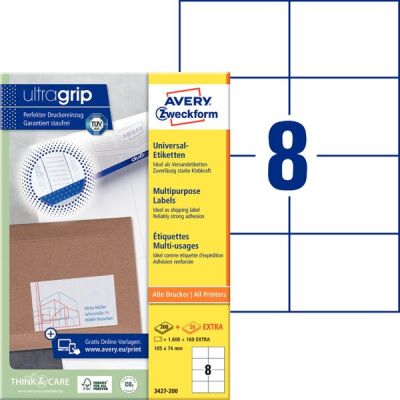 Universal-Etiketten, bedruckbar, permanent, 105 x 74 mm, weiß, 1 Packung =  200 + 20 Blatt = 1.600 + 160 Stück gratis