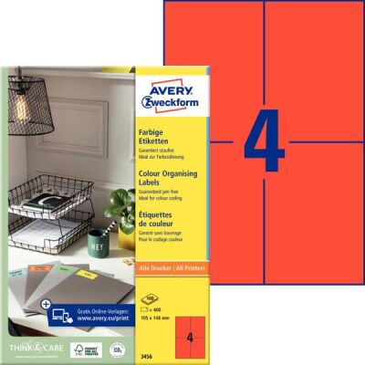 Rotes Etikett, Inkjet, Laser s/w, Farblaser, permanent, 105 x 148 mm, 1 Packung = 100 Blatt = 400 Etiketten
