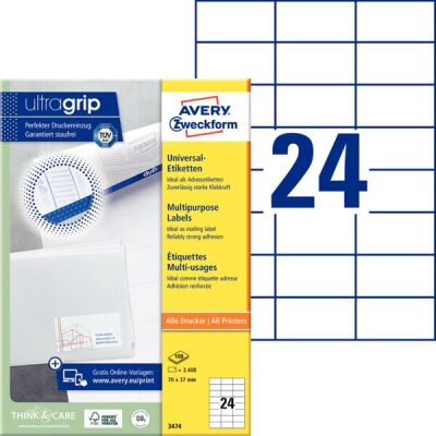 Universal-Etiketten, Inkjet, Laser s/w, Farblaser, permanent, 70 x 37 mm, weiß, 1 Packung = 100 Blatt = 2.400 Stück
