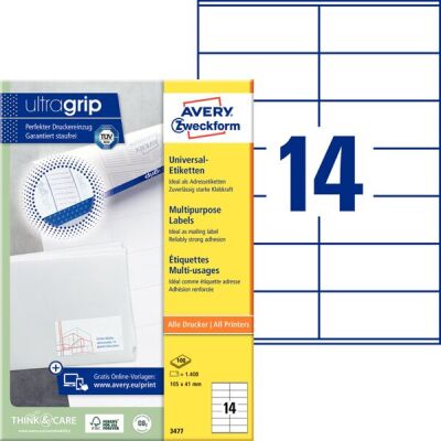 Universal-Etiketten, permanent, Inkjet, Laser s/w, Farblaser, 105 x 41 mm weiß, 1 Packung = 100 Blatt = 1400 Stück
