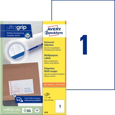 Universal-Etiketten, permanent, Inkjet, Laser s/w, Farblaser, 210 x 297 mm, weiß, 1 Packung = 100 Blatt = 100 Stück