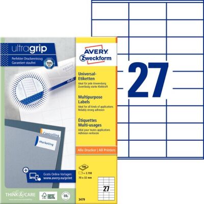 Universal-Etiketten, Inkjet, Laser s/w, Farblaser, permanent, 70 x 32 mm, weiß, 1 Packung = 100 Blatt = 2.700 Stück