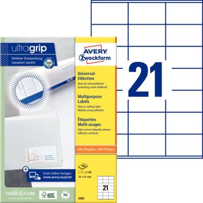 Universal-Etiketten, Inkjet, Laser s/w, Farblaser, permanent, 70 x 41 mm, weiß, 2.100 Stück