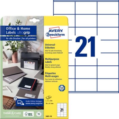 Universal-Etiketten, Inkjet, Laser s/w, Farblaser, permanent, 70 x 41 mm, weiß, 1 Packung = 10 Blatt = 210 Stück