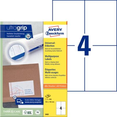 Universal-Etiketten, Inkjet, Laser s/w, Farblaser, permanent, 105 x 148 mm, weiß, 1 Packung = 100 Blatt = 400 Etiketten