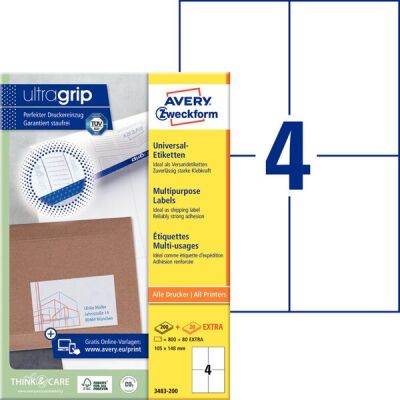 Universal-Etiketten, 105 x 148mm, weiß, Inkjet, Laser s/w, Farblaser, permanent, 1 Pack = 200 + 20 Bl. = 800 + 80 Stück