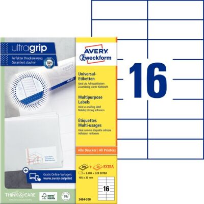 Universal-Etiketten, Inkjet, Laser s/w, Farblaser, permanent, 105 x 37 mm, weiß, , 1 VE= 200 + 20 Bl. = 3.200 + 320 Stk.