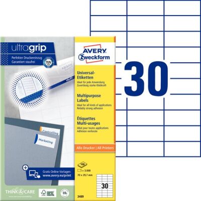 Universal-Etiketten, Inkjet, Laser s/w, Farblaser permanent, 70 x 29,7 mm, weiß, 1 Packung = 100 Blatt = 3.000 Stück