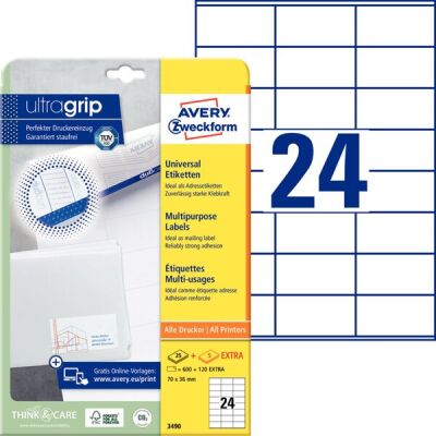 Universal-Etiketten, Inkjet, Laser s/w, Farblaser, permanent, 70 x 36 mm, weiß, 1 Pack = 25 + 5 Blatt =600 + 120 Stück