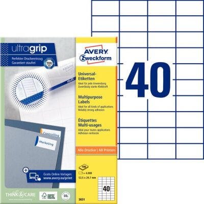Universal-Etiketten, Inkjet, Laser s/w, Farblaser, permanent, 52,5 x 29,7 mm, weiß, 1 Packung = 100 Blatt = 4.000 Stück