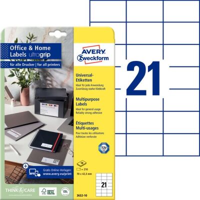 Universal-Etiketten, Inkjet, Laser s/w, Farblaser, permanent, 70 x 42,3 mm, weiß, 1 Packung = 10 Blatt = 210 Stück