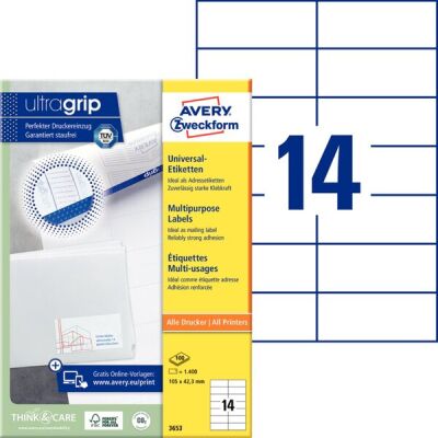 Universal-Etiketten, Inkjet, Laser s/w, Farblaser, permanent, 105 x 42,3 mm, weiß, 1 Packung = 100 Blatt =1400 Stück